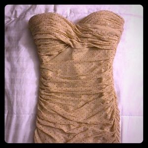 Bebe- Gold ruched strapless dress